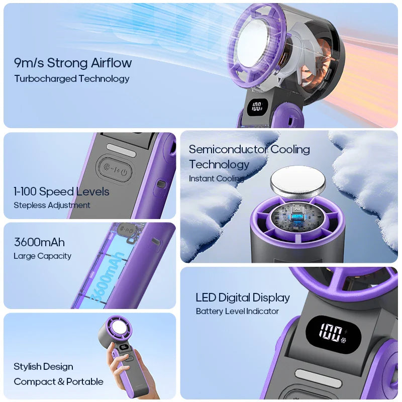 ChillFlow™ Turbo Handheld Fan – 3600mAh Rechargeable